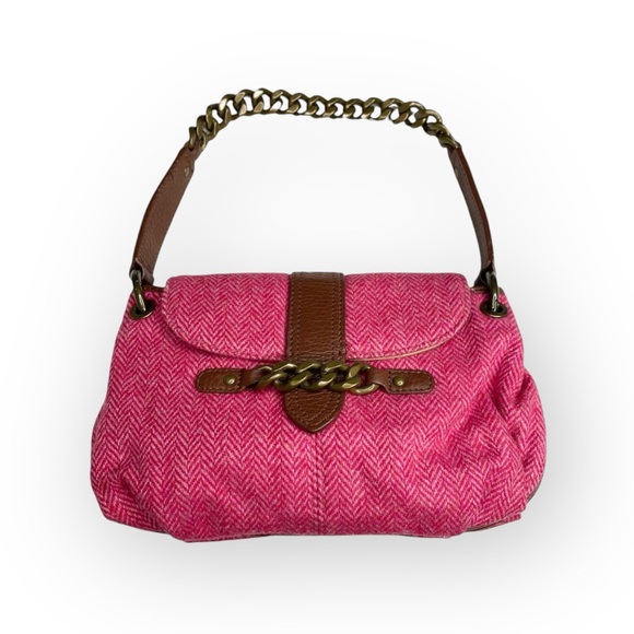 J Crew ᪥ Tweed Antique Gold Chain Handle Mini Handbag Bag ᪥ Red Wool ᪥ Leather ᪥ - Picture 15 of 16